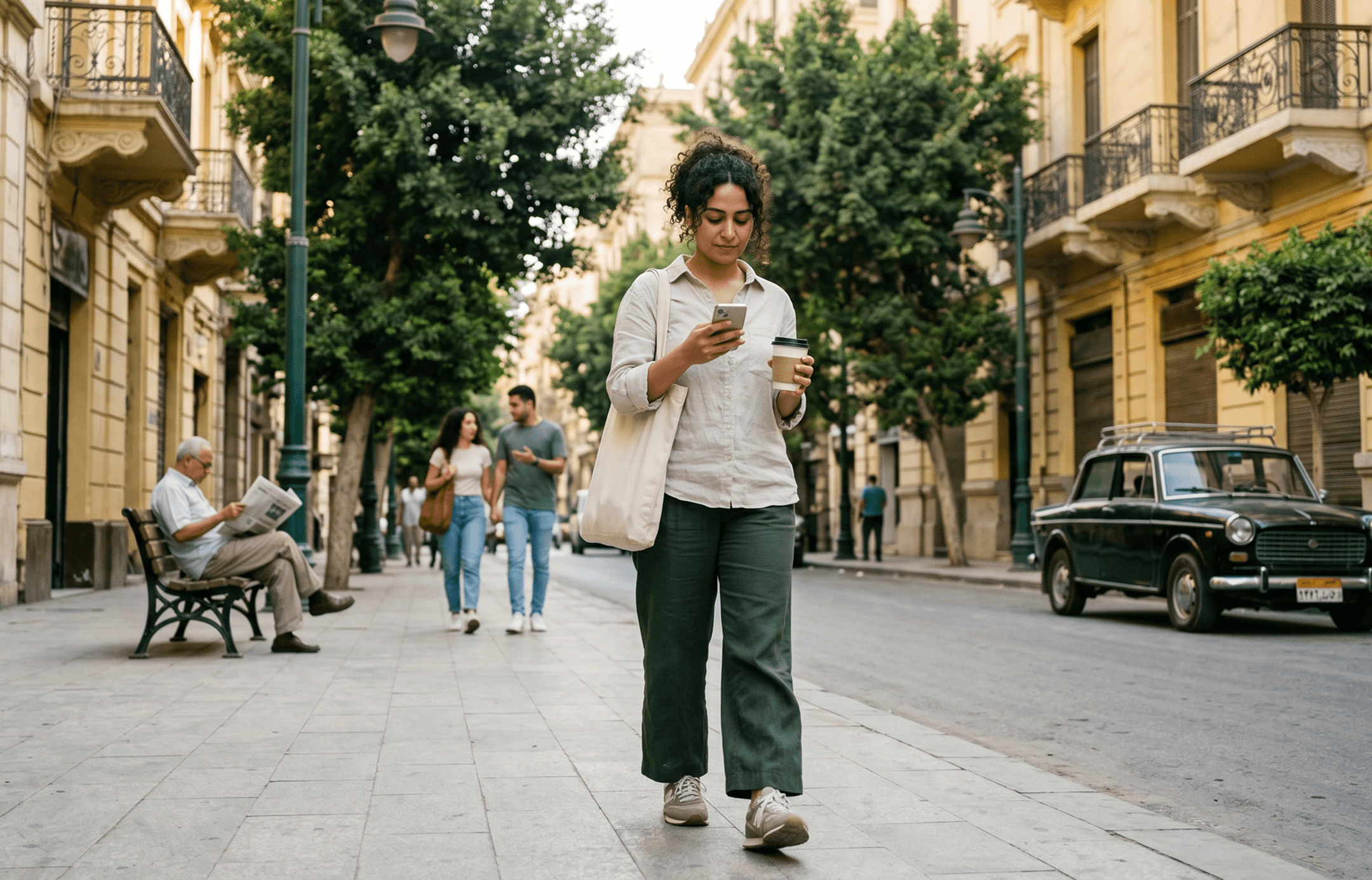 Woman walking in the city with a coffee